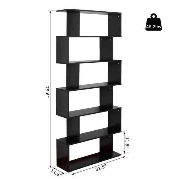 S-Shape Wooden Bookcase — Six Shelves, 75 in Tall