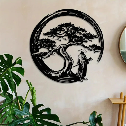 Laser-cut steel bonsai tree wall panel in matte black