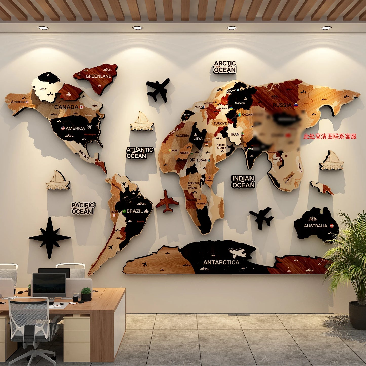 Multi-layer wooden world map mounted on a light wall