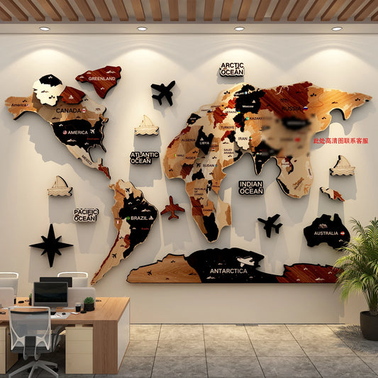 Multi-layer wooden world map mounted on a light wall