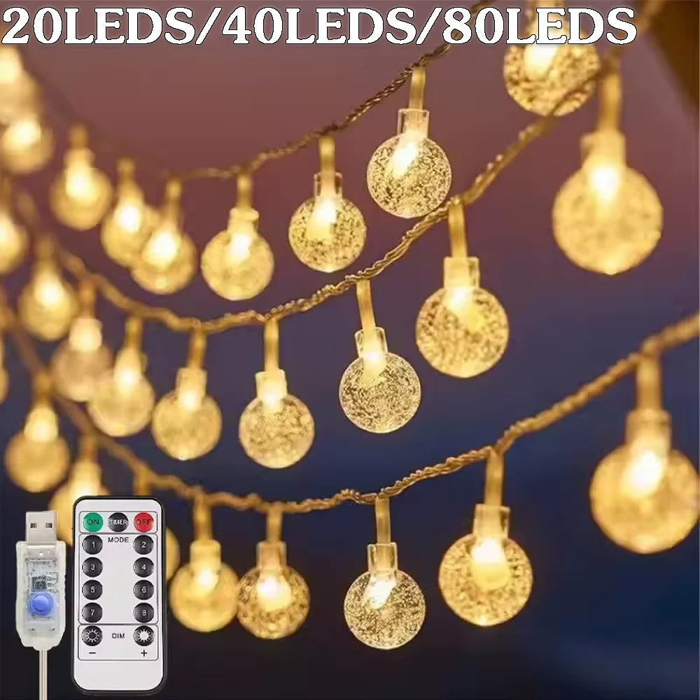 Crystal bubble ball LED string lights strung along a wall