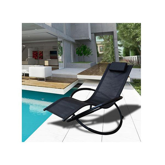 Black folding zero-gravity rocking chair with a mesh seat