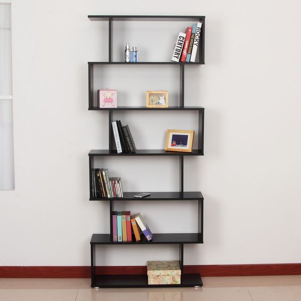 S-Shape Wooden Bookcase — Six Shelves, 75 in Tall