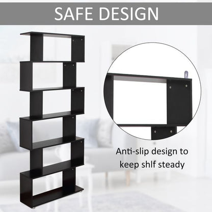 S-Shape Wooden Bookcase — Six Shelves, 75 in Tall